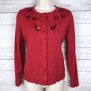 Charter Club Embellished Cardigan Women’s Petite S PS Red Sequin Tulle Button